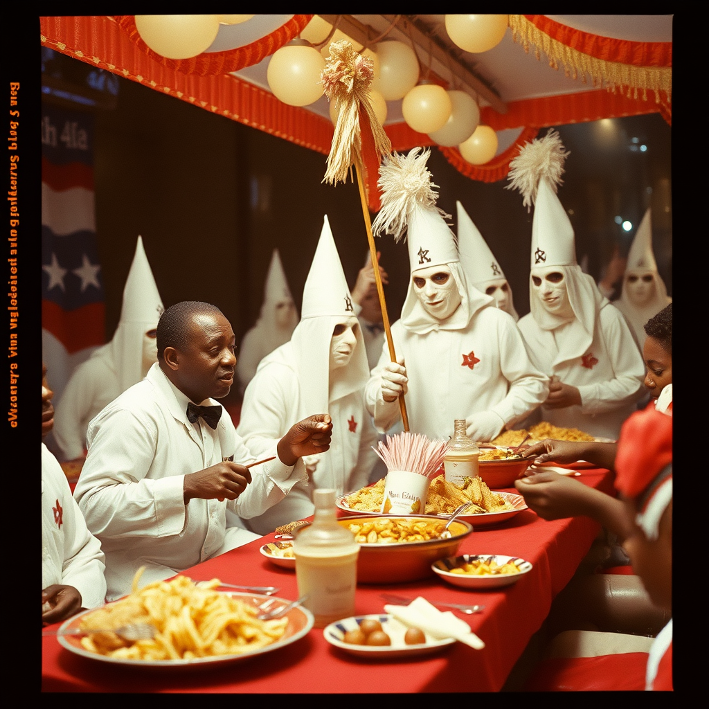 highly detailed Kodachrome color surreal real photograph from 1974 of Ku Klux Klan serve hot soul food  
And the band plays "In the Mood"  
The cheerleader waves her cyanide wand  
There's a smell of peach blossom and bitter almond  
Caryl Chessman sniffs the air and leads the parade  
He knows, in a scent, you can bottle all you made  