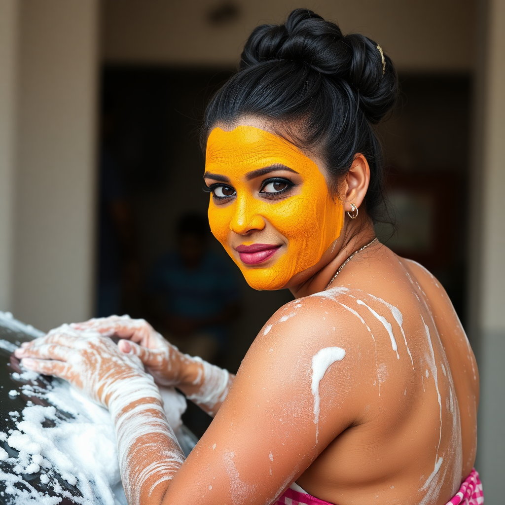 slim, curvy, 30 year old indian maid with hair covering bun, her face is covered with turmeric mask and body is covered with soap lather. she is washing a car