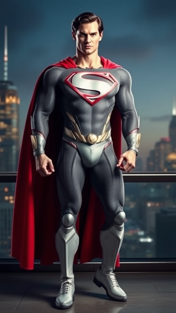 Generate a full-length image of Superman with Emma Frost's body type, while keeping Superman's head intact. Modify the body anatomy to reflect Emma Frost’s physique. Incorporate elements of Emma Frost's costume, such as her iconic white attire and accessories, into Superman's outfit. The background should be a fitting setting that complements both characters, blending superheroic and chic elements—perhaps a cityscape with touches of luxury. Ensure the image captures the essence of both characters while harmonizing their distinct styles.