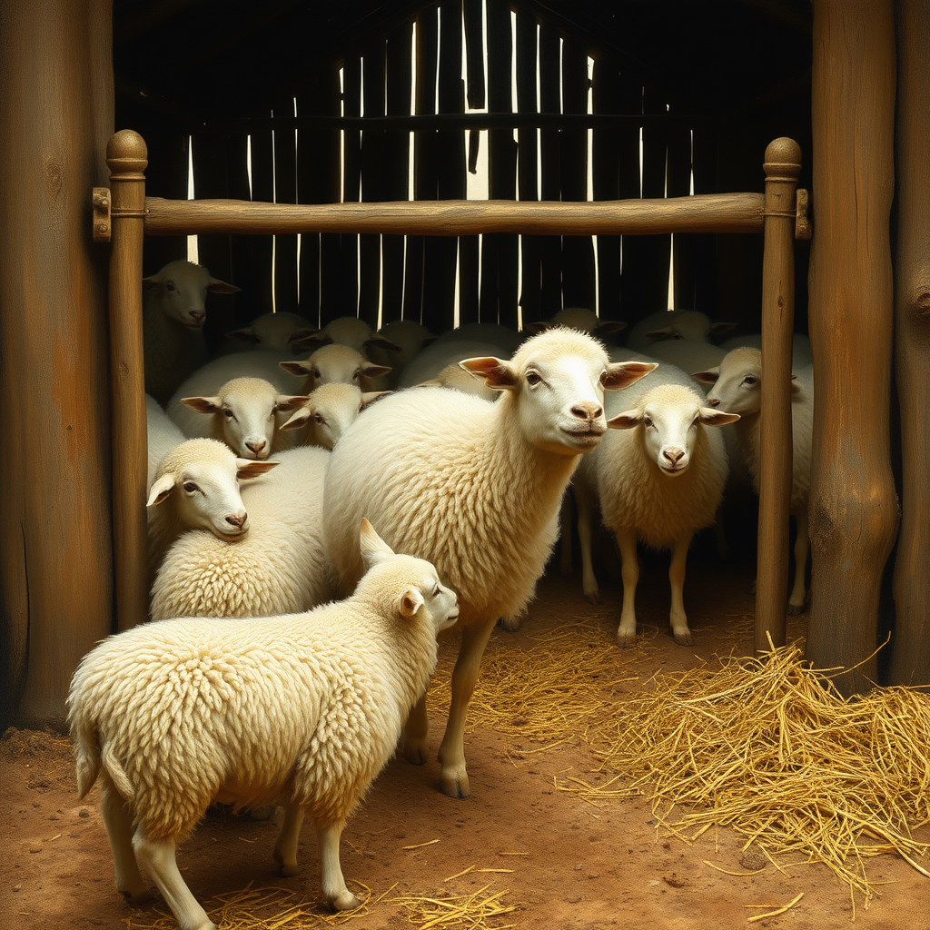 sheep in a barn, restricted by a gate, one breaks free