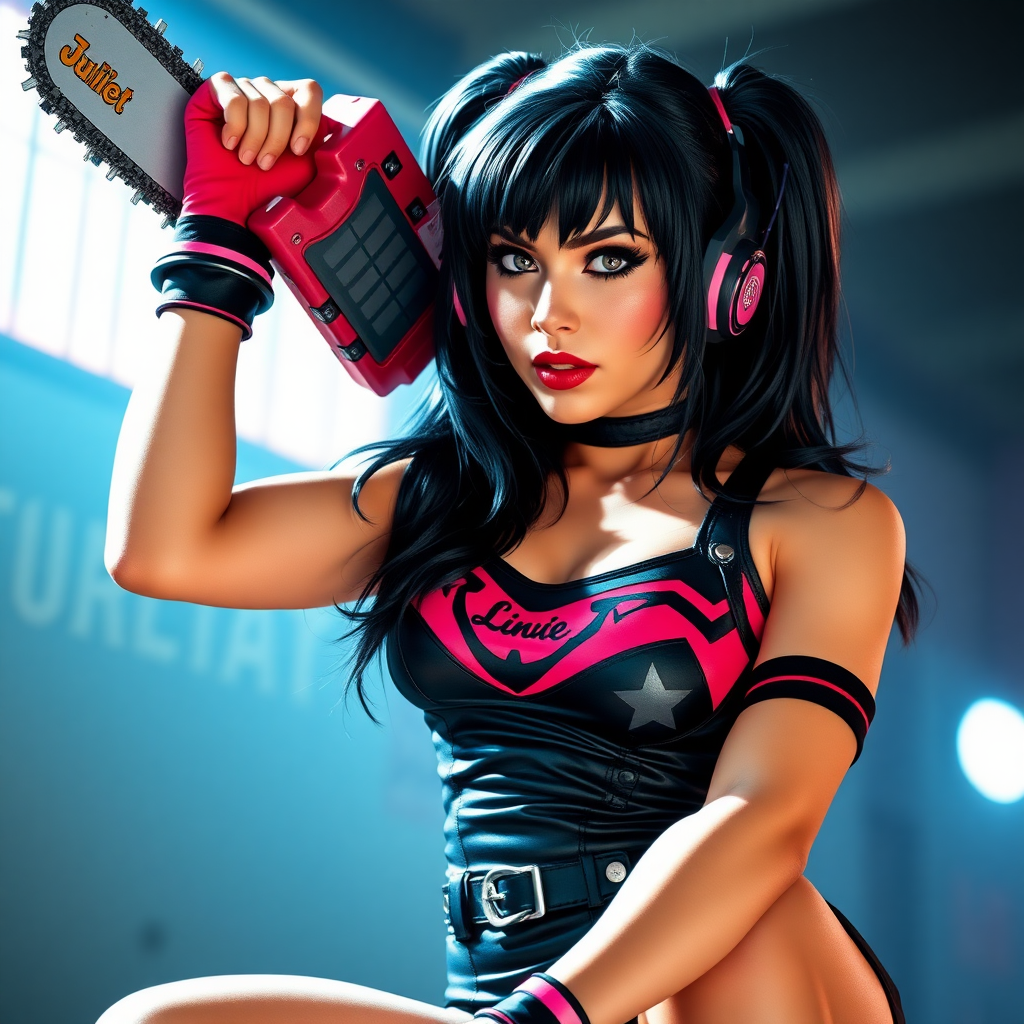 JULIET starling is an emo cheerleader with chainsaw and black hair. erotic pose