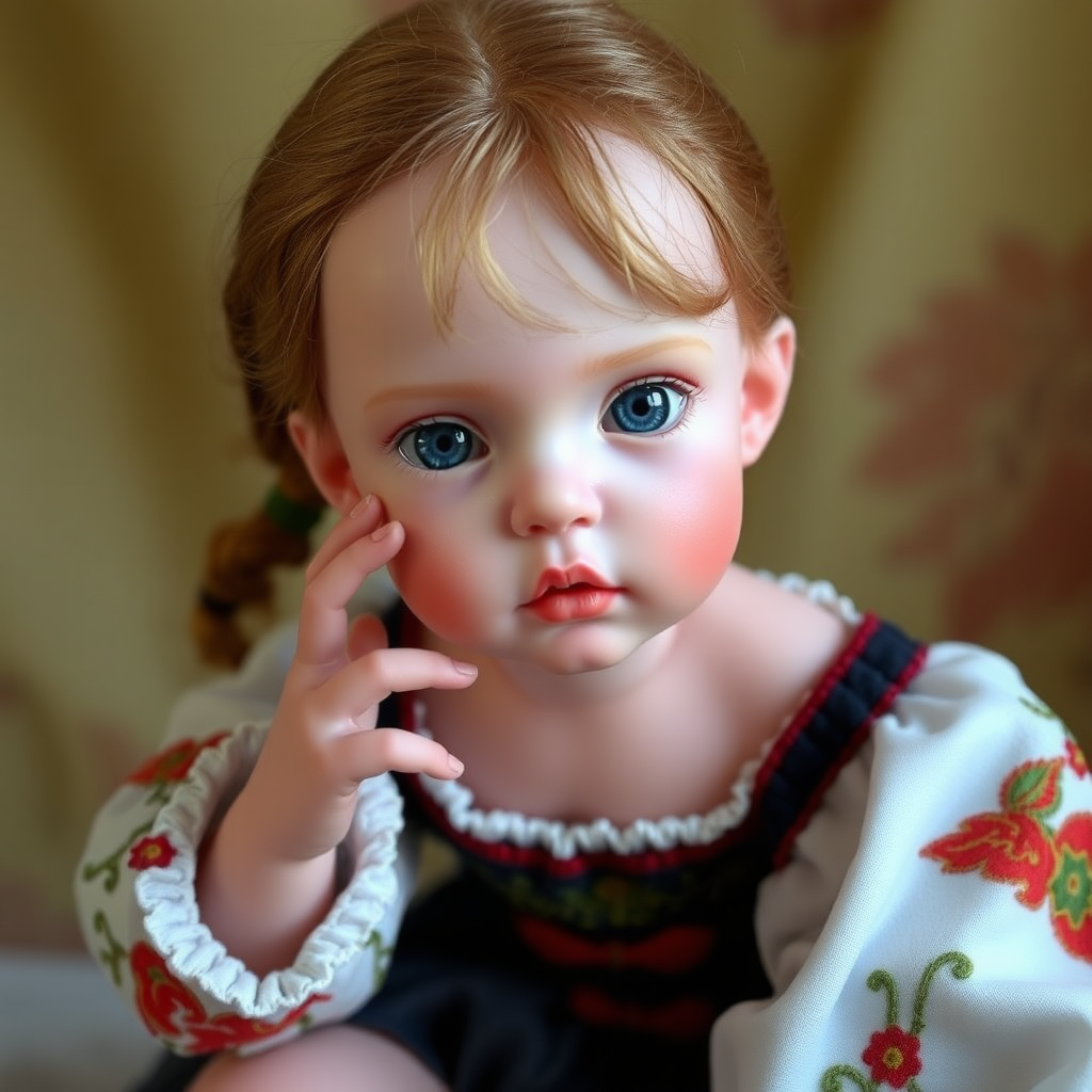 ooak art doll, artist doll, realistic doll, life-like porcelain doll, unique personality, stunning eyes, bisque doll, bjd, swimsuit, dynamic pose, embroidered medieval dress