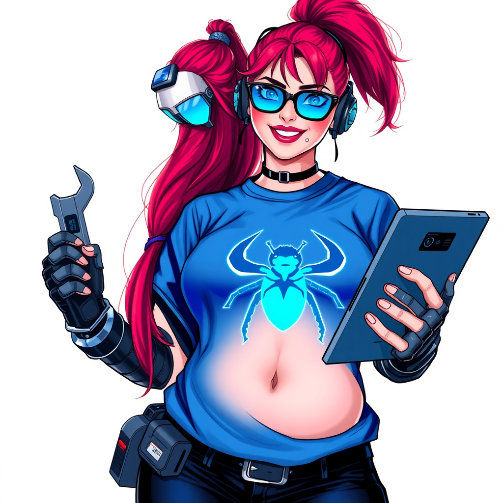 A cyberpunk vigilante’s intelligent and tech-savvy 29-year-old girlfriend, who is a computer hacker and tech genius. She has a long ruby red ponytail. She wears maximum blue lipstick, blue eyes, a sapphire beetle gemstone necklace, sapphire earrings, black eyeglasses, hi-tech metal arm armor, and an oversized maximum blue t-shirt featuring a neon blue glowing beetle chest icon. She has a full-figured, well-rounded physique with a prominent gargantuan midsection, reflecting her well-cared-for lifestyle. She sports a sapphire headset with a hi-tech maximum turquoise lensed HUD, and a beaming smile accentuated by a passionate neon red blush. She serves as his tech expert from his hideout, holding a futuristic tool wrench and a futuristic digital tablet. The background is solid white. She is drawn as if she was in a retro 2D cyberpunk fighting game.