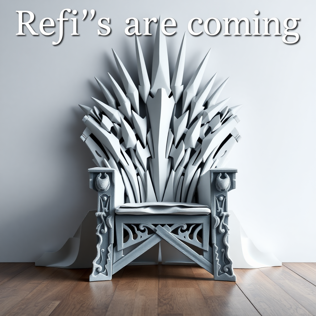 A flyer image of the game of thrones chair made out of white paper. The text in the background says “Refi’s are coming”. The refi is for refinancing a home. Photorealistic, cinematic shot.