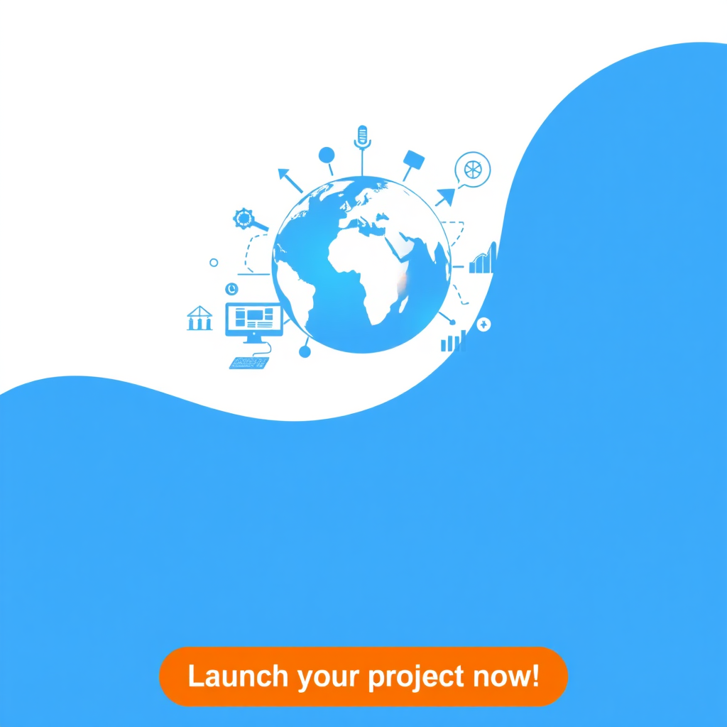 A professional and modern banner for a web development company. The image should feature a stylized blue globe representing global connectivity, with subtle visual elements of computer screens, gears, and graphs to illustrate the diversity of services offered, ranging from showcase websites to ERP solutions. The dominant colors should be blue and white, with an orange call-to-action button 'Launch your project now!' at the bottom. The design should inspire trust, innovation, and professionalism.