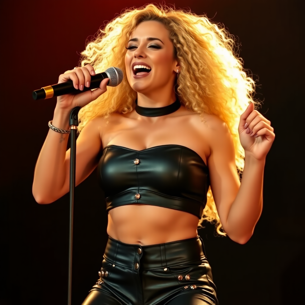 energetic beautiful woman, curly blonde hair, very very large breasts, black leather top with no rivets, black leather pants with long rivets, singing into a microphone with both hands, black background, warm lighting