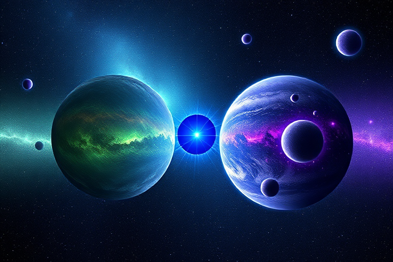 Small dot in the universe bursts into two other halves of universes with their own planets and stars, one side universe is greenish in color while the other half is more purple and has purple asteroids in it, there is a small point of concentrated energy at the center that explodes into both halves of the universe, with a large blue star in the center surrounded by both universes.