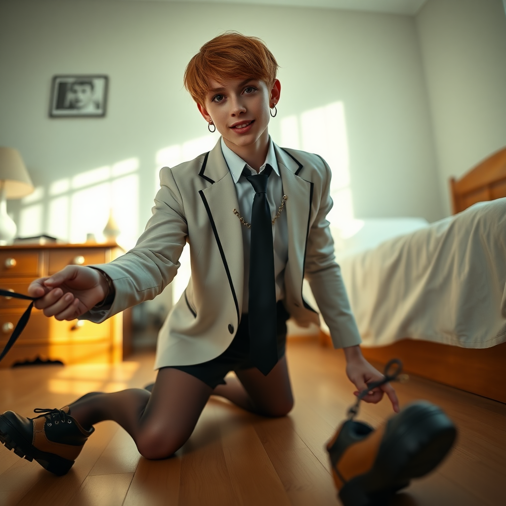 photorealistic, ultra high resolution, 16K, surreal fantasy, soft studio lighting, Tyler Swift is a pretty 18 year old goth male, slim male physique, auburn hair, goth makeup, earrings, shiny black pantyhose, school uniform shirt tie and blazer, Mary-Jane shoes, spikey neck collar chain and leash, on all fours in the bedroom, his boyfriend is holding the end of the leash, in daylight, excited smile, facing the camera.