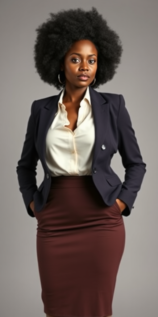 a fullbody photo of an african woman with big breasts with an afro wearing a buttoned up tight blazer, a blouse showing cleavage and a pencil skirt