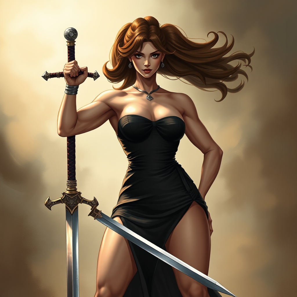 strong massive huge muscular bodybuilder girl, strapless dress, sword