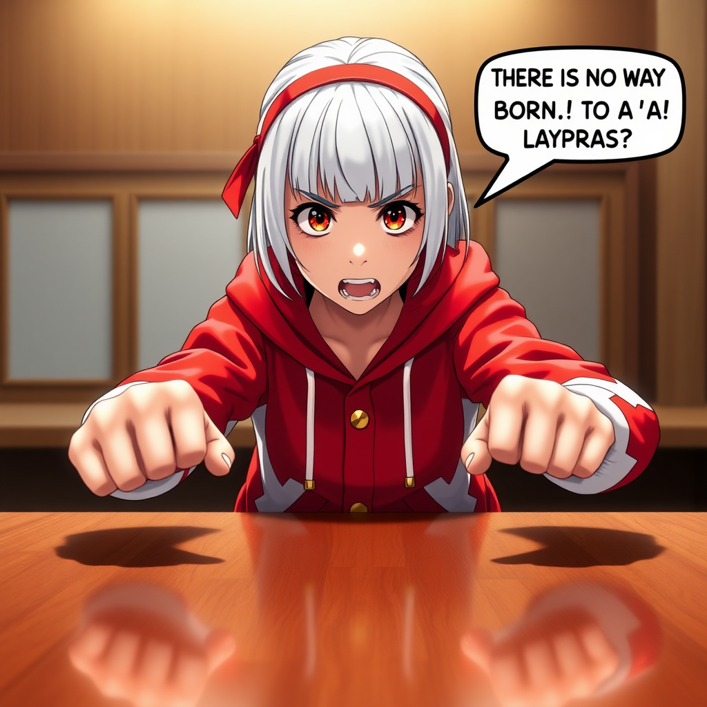 A young girl with white hair and red highlights, bangs, blunt bangs, hair down, medium hair, young girl in a bright, fire-engine red and snowy white school uniform stylized as a hoodie, adorned with golden buttons, white cuffs and a Golden Pokéball Badge on it, and a red headband, slamming her fists down on a polished wooden table with shocked exasperation. Her expressive facial features display an exaggerated, anime-inspired twist of agony and dismay, his eyebrows arched in incredulity as he exclaims in bold, speech bubble saying THERE IS NO WAY BORN LOST TO A LAPRAS!?’ in a burst of daunting uncertainty. Focus solely on the character, with an anime-inspired art style reminiscent of celebrated artists Makoto Shinkai, Takeshi Obata, and Ryosuke Cohen, characterized by thick, dynamic outlines, rich fantasy colors, bold contrasting textures, and a stylized feel inspired by Japanese manga and concept art. Incorporate aesthetically pleasing complementary colors to evoke a dramatic atmosphere and bring a sense of immersive realism to this fantastical image, as if this character stepped out of the cover of an extremely popular, highly-detailed, 8K matte painting, trending on Artstation, reminiscent of breathtaking concept art created using Unreal Engine 5.