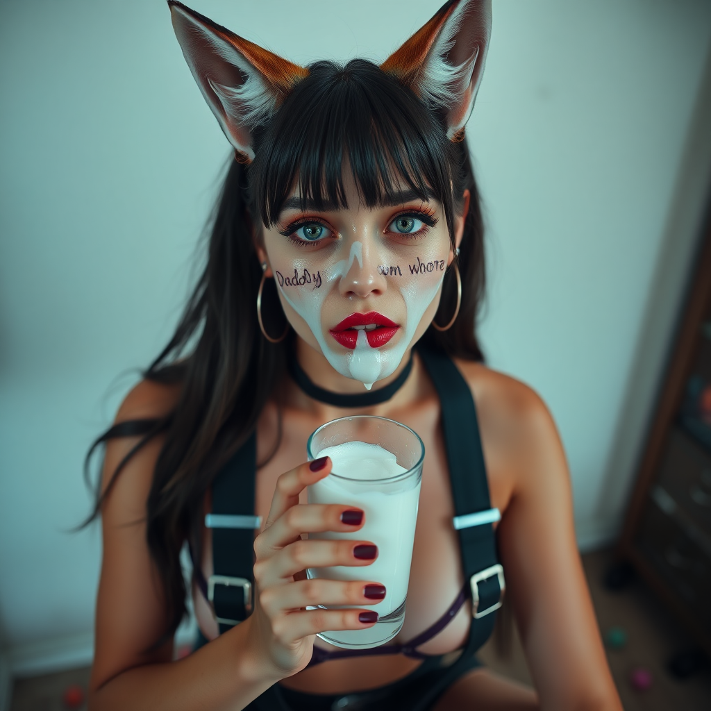 Full body in frame, high POV, Real life photo of a cyberpunk girl, she has “daddy’s cum bucket whore” written on her skin with lipstick. She is holding a glass of translucent white slime below her chin, she has fox ears, tiny cropped tee, wearing g-string thong, suspenders and chunky thigh boots, her face is covered in clear slime.