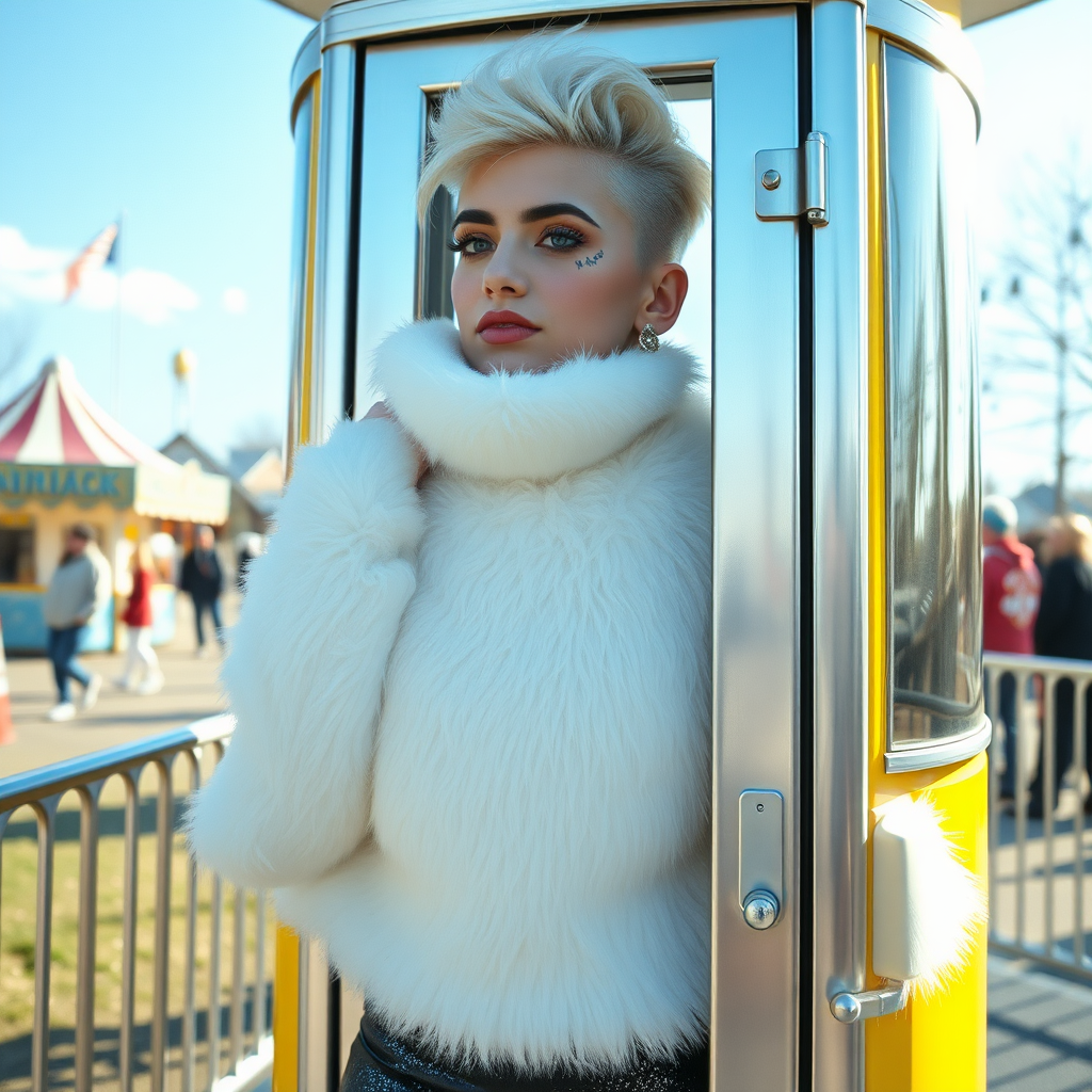 Amusement park “kissing booth,” sunny spring Sunday morning. Sam, 19 years old beautiful involuntary femboy, rebellious intractable character, petite boyish figure, platinum blond boyish rebel punk hairstyle, flawless heavily made-up face with sharp arched tattooed eyebrows, wearing Supertanya-style fluffy very fuzzy bright white angora thigh-length turtleneck-poncho fully covering body and arms, silver-glitter leggings, black leather high-heeled pumps, silver earrings, both hands tied behind back, standing inside kissing booth, waiting for next customer to kiss. Focus on Sam’s face and turtleneck-poncho.