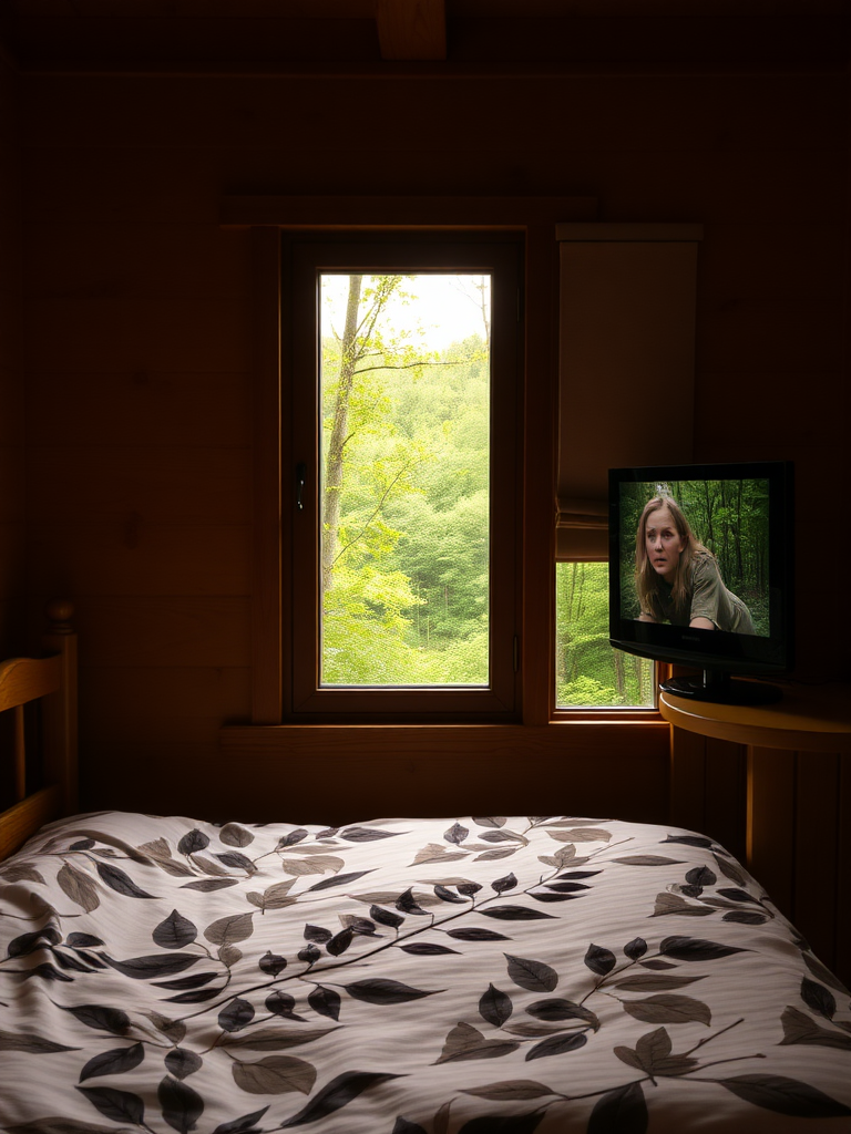 Beside a small window is a wooden bed, and outside is a lush green forest. A nature documentary is playing on the TV, and the bedspread has a leaf pattern, creating an overall scene that radiates a sense of tranquility that blends with nature. Rich in detail, authentic, real.