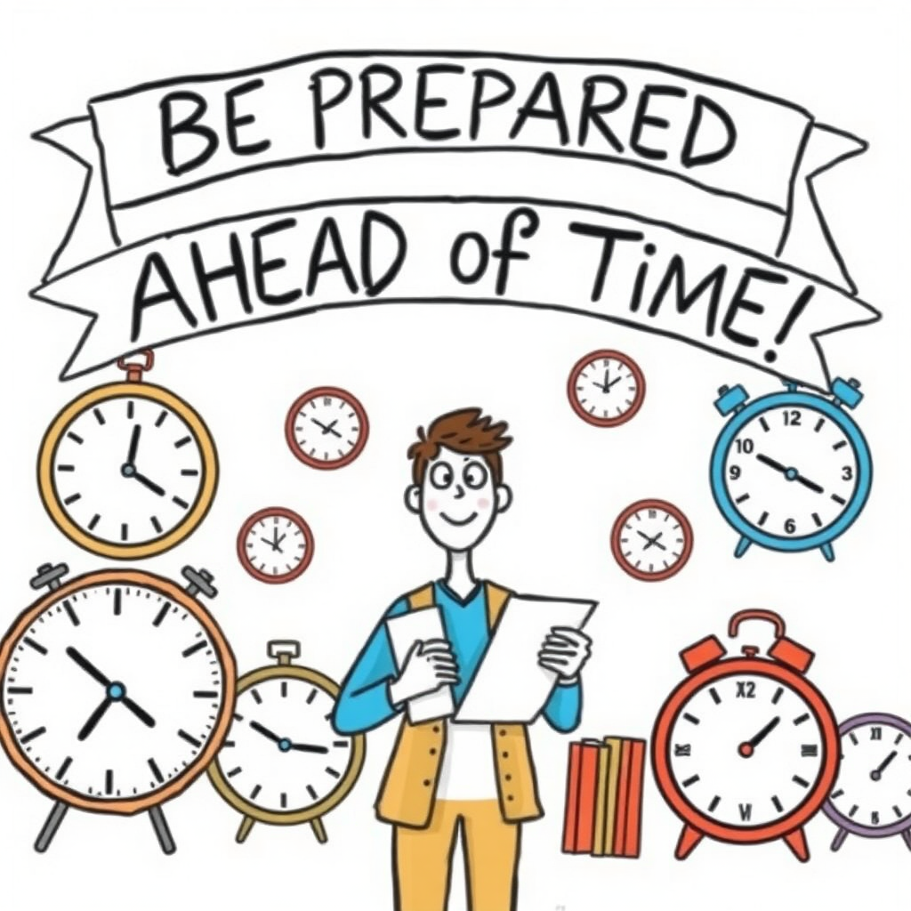 An imaginative scene depicting a person with a checklist, looking organized and ready, surrounded by clocks showing different times, with a banner overhead that reads, "Be Prepared Ahead of Time!"