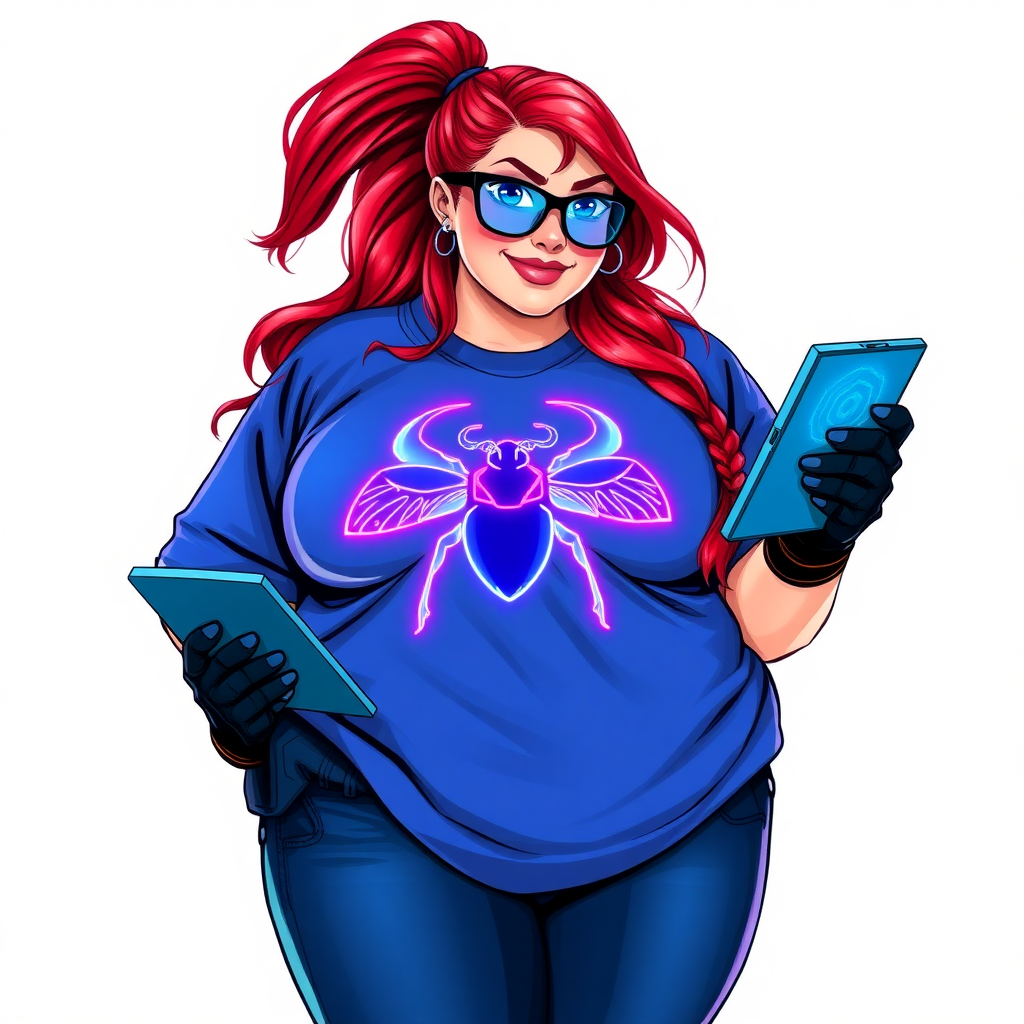 A 28-year-old, full-figured computer hacker and tech wiz, she is the girlfriend of a cyberpunk vigilante. Her long ruby red ponytail, and striking, bright blue eyes make her stand out. Her wrecking ball-sized midsection, sequoia-sized limbs, and broad shoulders define her full figure, which has been heavily pampered by her doting boyfriend. Her nerdiness is blatantly obvious, and she serves as her boyfriend’s tech expert.

As the loyal and supportive sidekick, she plays a crucial role in their missions, using her digital and technological prowess to assist and protect. She wears an oversized maximum blue t-shirt adorned with a glowing neon blue beetle chest icon, black oversized eyeglasses, matching maximum blue biker pants, and black high-tech gloves. She beams with a neon red blush, holding a futuristic wrench and a digital holographic tablet. She is on a solid white background. She is drawn as if she was in a retro 2D cyberpunk fighting game. Her midsection is bloated to emphasize her figure.