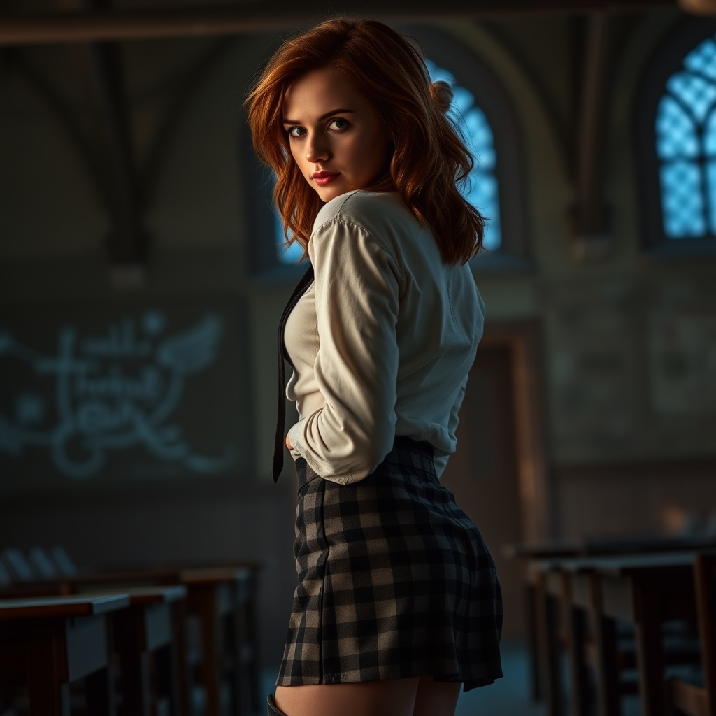 Emma Watson as Hermione Granger, tousled hair, seductive, very pale skin, natural makeup, sideboob, overknee boots made from leather, short checkered miniskirt, voluptuous butt, stained white linen shirt, necktie, flat chest, cleavage, thoughtfully looking at viewer over shoulder, full body shot, erotic, teasing, dark and moody, skin details, skin imperfections, abandoned Hogwarts classroom in background, blue hour, photorealistic, ultra high resolution, 16K, viewed from side, standing in shadows, silhouette.