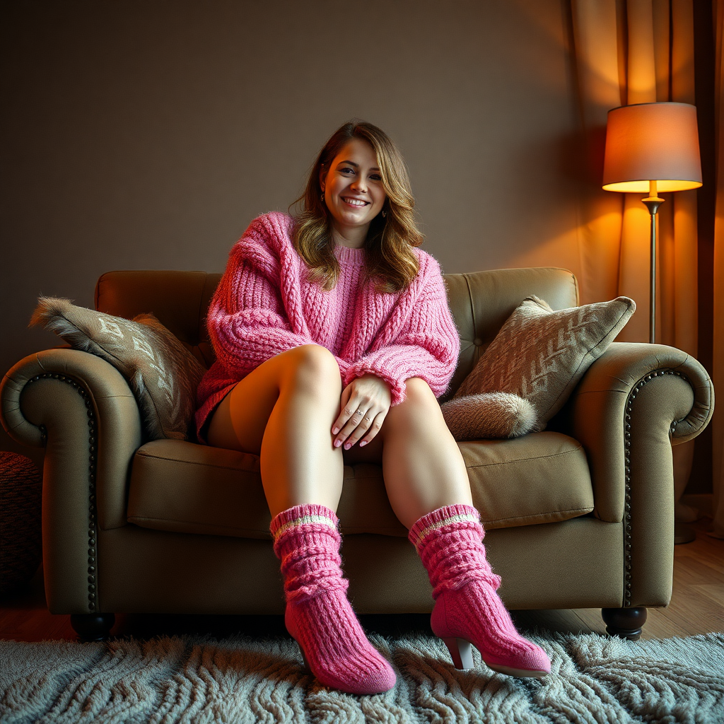 photo giant woman fuzzy socks sitting on sofa