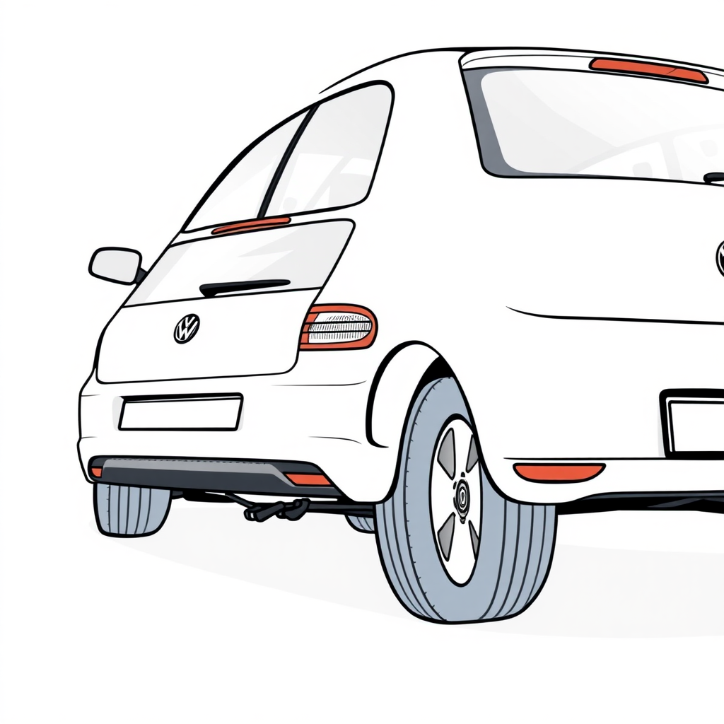 white vw polo V car, long establishing shot, 2D, caricature, cartoon, Sketch lines, coloring book, coloring book style on white background, well composed, clean coloring book page, No dither, no gradient, strong outline, No fill, No solids, vector illustration, realistic proportions, side rear view