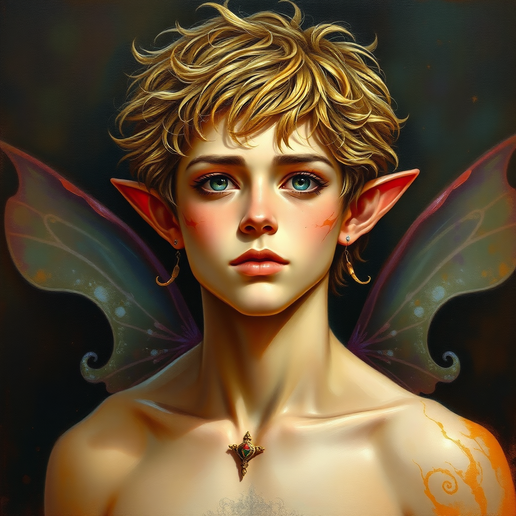 A beautiful painting of a fairy boy, gorgeous face and body. In the style of Brian Froud.