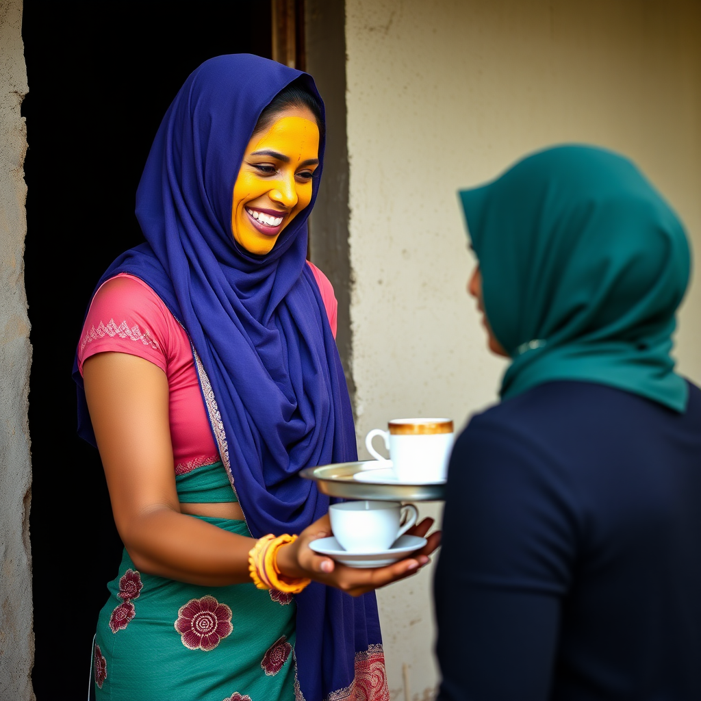 slim, 30 year old, sexy, traditional indian wife, hijab, turmeric face mask. She is smiling and serving coffee on a tray to stranger.