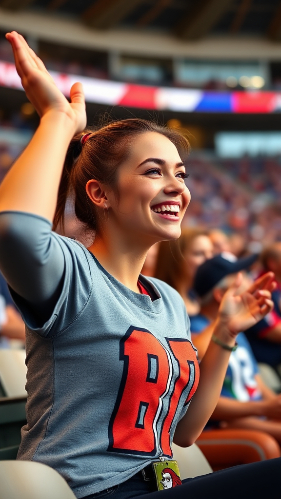 Attractive female NFL fan cheering, pigtail hair, bleacher row