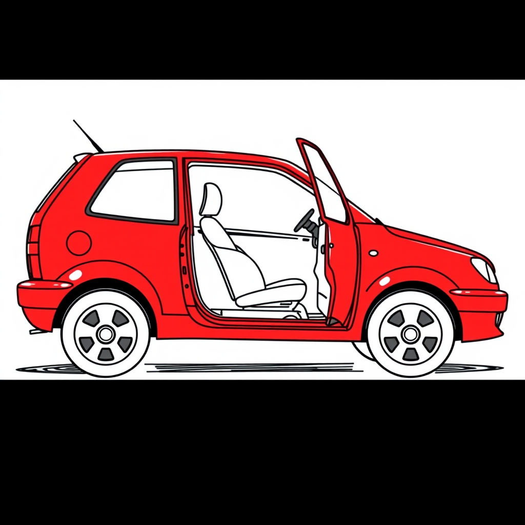 red vw polo II car, driver's door wide open, driving seat visible, long establishing shot, 2D, caricature, cartoon, Sketch lines, coloring book, coloring bathroom, well composed, clean coloring book page, No dither, no gradient, strong outline, No fill, No solids, vector illustration, realistic proportions, blueprint, left side view