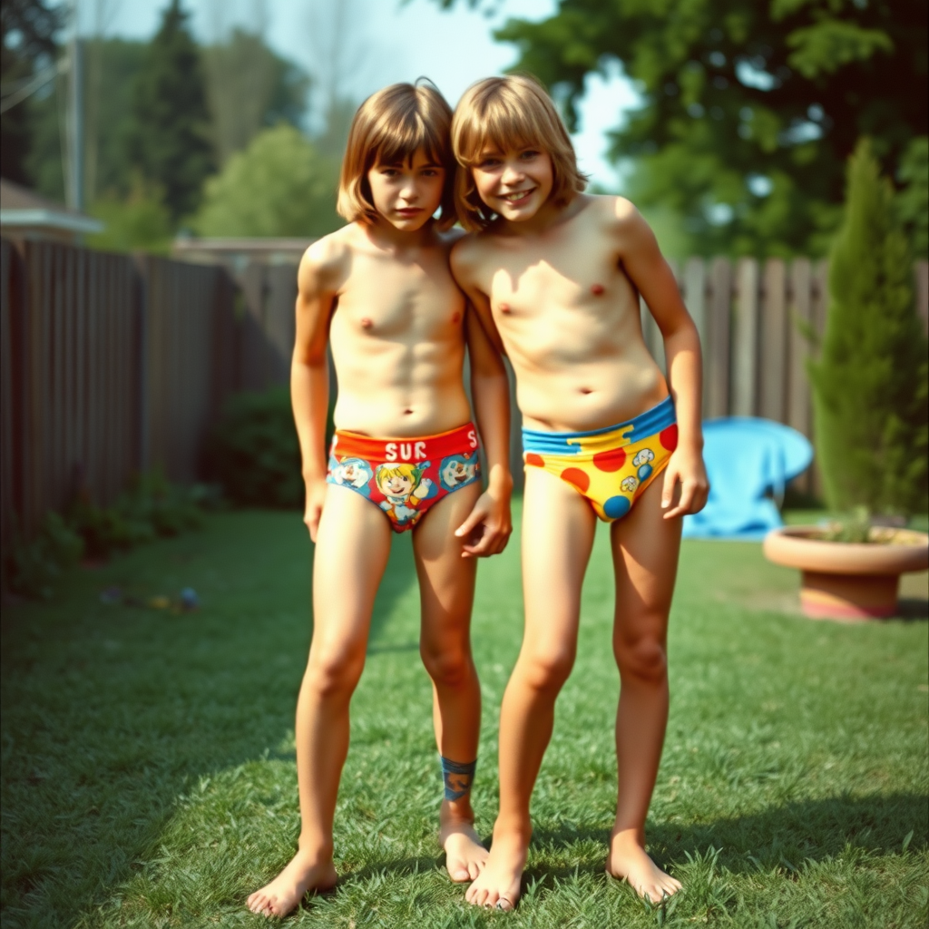 two tall 14yo teen boys, long hair bob cut, wearing very tight colorful cartoon briefs, long legs, narrow thighs, full-length front view. 1970s. playing at backyard. photorealistic, ultra high resolution, 16K, Negative: grainy, blurry, bad anatomy, extra limbs, watermark.