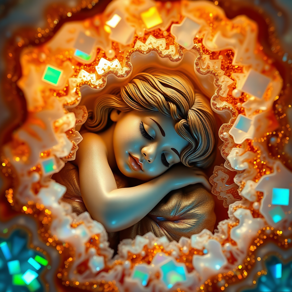 preteen girl statue sleeping in a geode, porcelain doll, artists doll, mandelbulb fractal, ultra-detailed, dynamic composition, artistic photograph, fractal, brilliant colors, glittering, illumination, transparency, translucent, opal, turquoise, gold, romanticism, sharp focus, pottery, floral, mother of pearl, iridescent, reflective, glossy