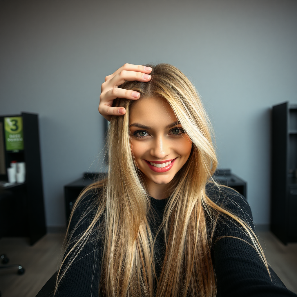 POV, beautiful very long haired blonde woman sitting in a hair salon smiling at the camera while I reach out from behind the camera to massage her scalp. My fingers are in her hair rubbing her scalp while her hair is covering my hands. Plain gray background.