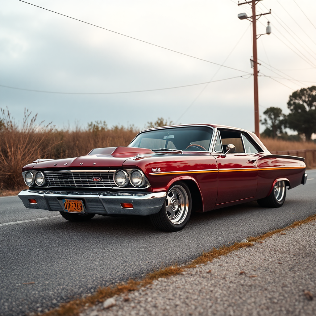 the drag car is parked on the side of the road, inspired by Taiyō Matsumoto, tumblr, restomod, nd4, c4 metallic shine classic american low rider custom ford