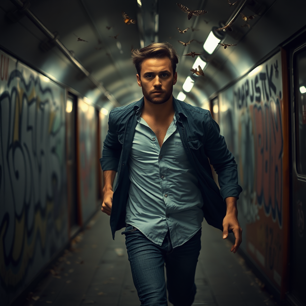 The image shows a tired handsome man running in a Polish subway with graffiti on the walls on either side. He is wearing a shirt and jeans. There are hundreds of moths flying in the air and lights illuminating the scene. Dark Cinematic style, he is in the dark, light is behind him, very natural skin.