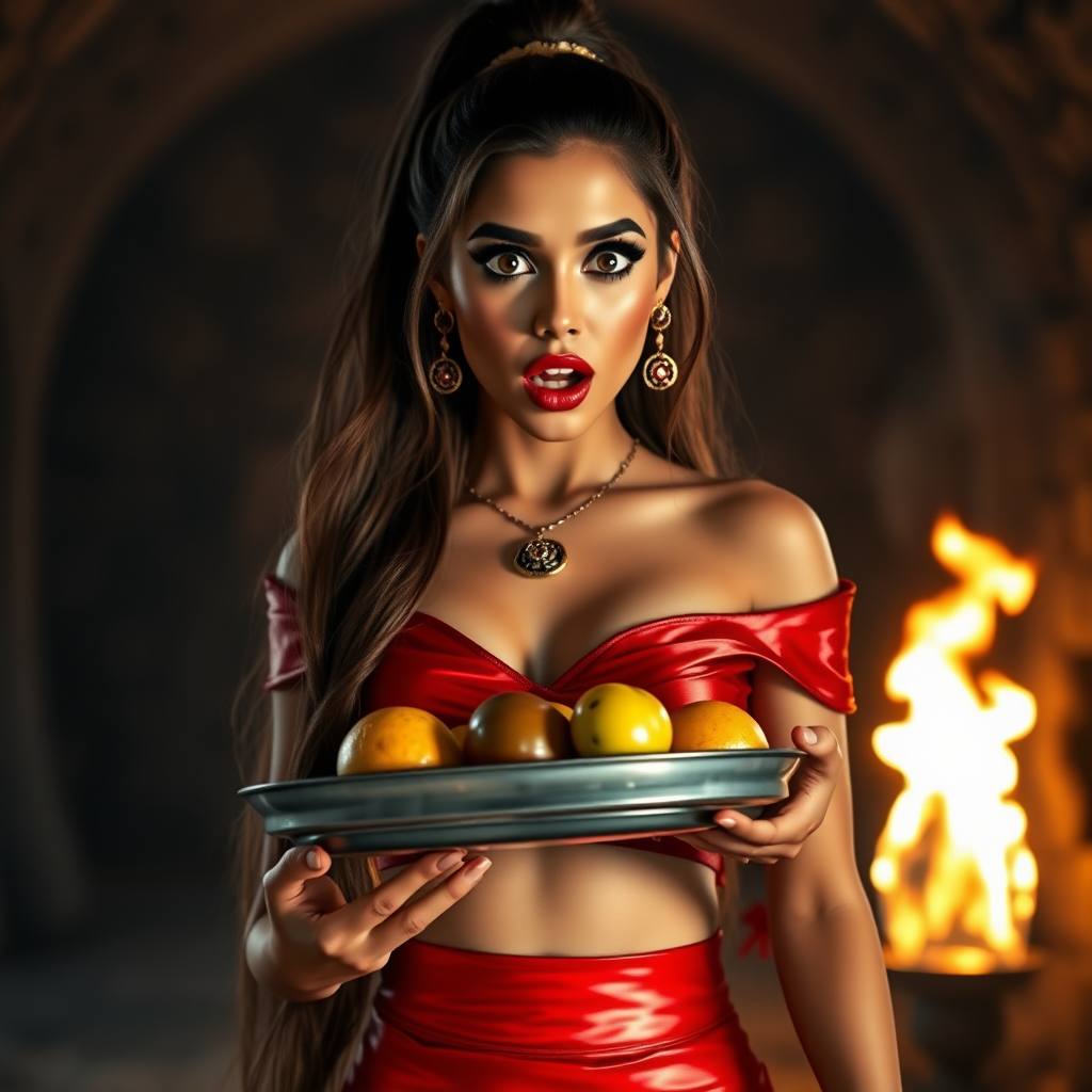 realistic photo of a surprised Arabian model with mouth open. She has very large eyes, black eyeshadow, black eyeliner, fake eyelashes, very tanned skin, very long hair. very high ponytail, she look likes princess jasmine, shinny red off shoulder crop top. photo realistic. She holds a metal tray with fruits just above her waist. crop top, shinny red skirt. full body view. shinny red pencil skirt. dungeon with fire torches in the background.