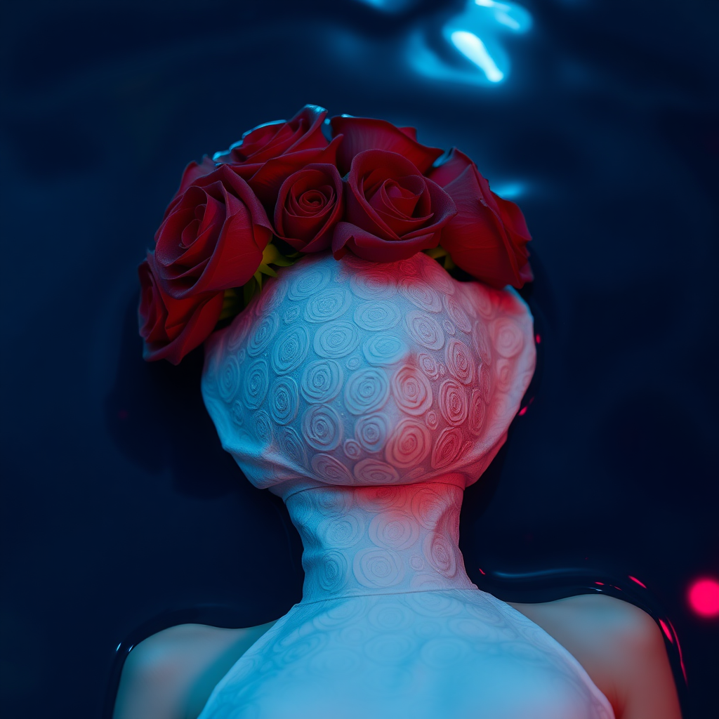 A red rose bouquet head, no human, front view, wearing a white textured dress with pastel minimal floral print design, closeup shot, hyperrealistic, lying inside water with blue and pink effect, nighttime, dark