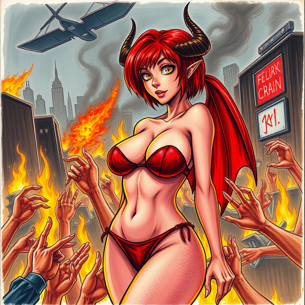 A terrible anime drawing with crayons: A seductive hypersexual succubus woman, short red hair, mega-colossal huge massive boobs/tits/breasts that can barely fit in a bikini, horns, yellow eyes, sexy waist, full body, in a city on fire, hands of rioters next to her touching and grabbing her all over