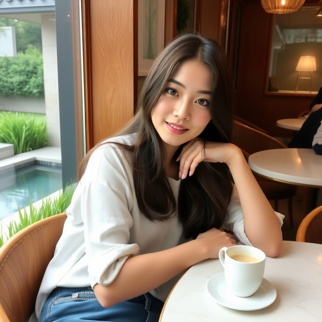 A beautiful Xiaohongshu blogger is sitting in a café, leaning on the table, with green grass and a pool outside the window.