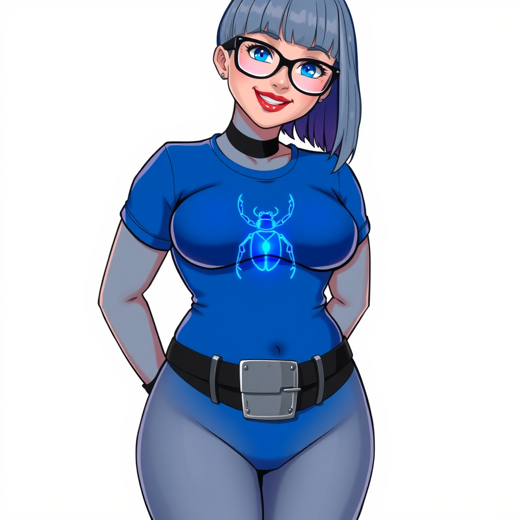 A 28-year-old, full-figured, middle gray metallic-skinned computer program-human hybrid with a maximum blue bob cut. She has a non-athletic build, highlighted by a prominent, round, large midsection (with a focus on her belly). As a digital sidekick, computer hacker, and nerdy girlfriend to her cyberpunk vigilante boyfriend, her middle gray metallic skin and maximum blue lipstick emphasize her digital nature. She wears a tight-fitting, maximum blue t-shirt with a neon blue beetle chest icon, a black belt with a sapphire scarab buckle, and black gloves. Her bright blue eyes, black eyeglasses, and lovestruck smile with neon red blush accentuate her nerdiness. She stands bashfully with her hands behind her back, her bodysuit covering all her skin and emphasizing her full-figured, non-athletic physique. She is on a solid white background. She is drawn as if she was in a retro 2D cyberpunk fighting game. She is clearly non-athletic, with emphasis on her full-figured and pudgy physique. Ensure her shirt covers her midsection (especially her large belly).