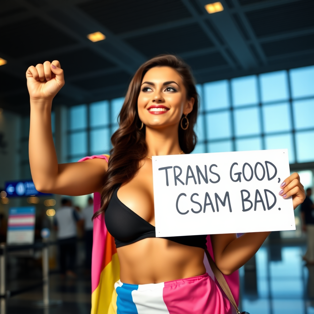 a busty transgender woman in the airport with the transgender pride flag raising her fist holding a sign that says "TRANS GOOD, CSAM BAD"