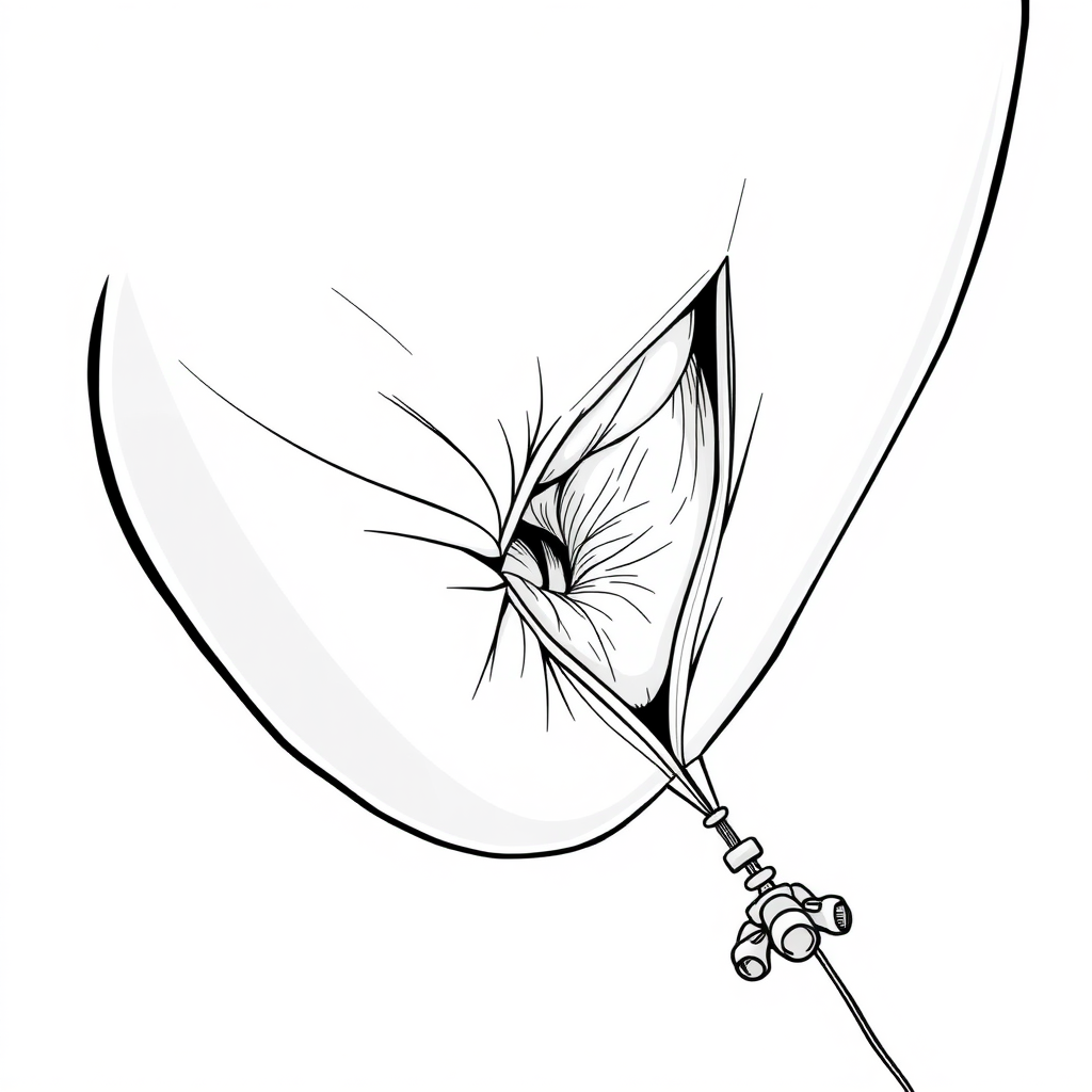 a balloon, tense fabric, massive hernia in the balloon, side view, 2D, caricature, cartoon, Sketch lines, coloring book, coloring book style on white background, well composed, clean coloring book page, No dither, no gradient, strong outline, No fill, No solids, vector illustration, realistic proportions