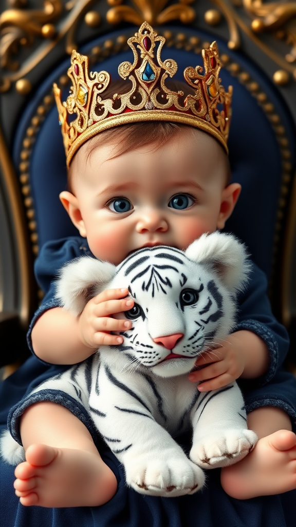 A cute small chubby fair baby with big eyes, pink lips, and pink cheeks, wearing a royal dark blue frock, sitting on a navy blue throne, holding a white fluffy cute tiger.