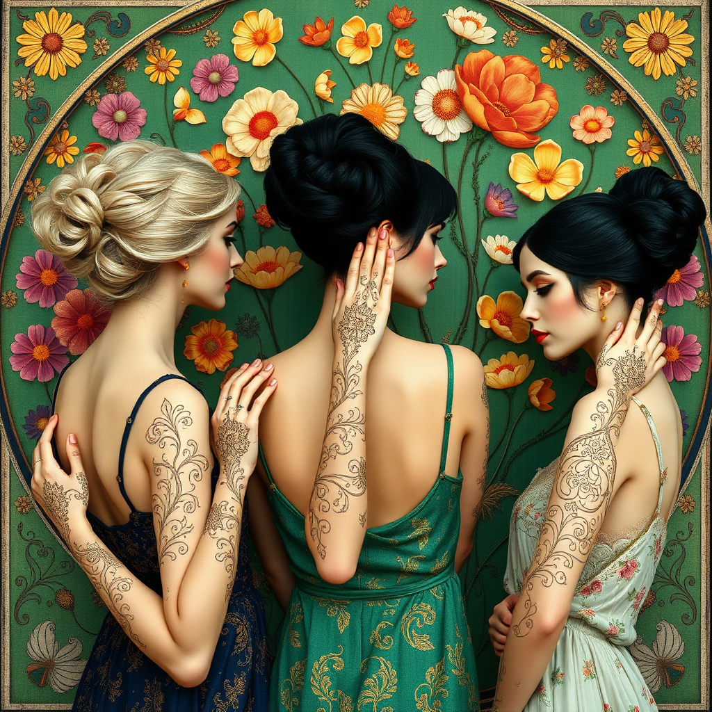 Promt by picture with: In the Max Klimt style. Women (one is blonde and two are black-haired) with filigree henna tattoos on their hands and arms stand in front of an Art Nouveau relief with many small colorful flowers painted on a green background. They have very, very white skin. The hairstyles are updo hairstyles in Art Nouveau.