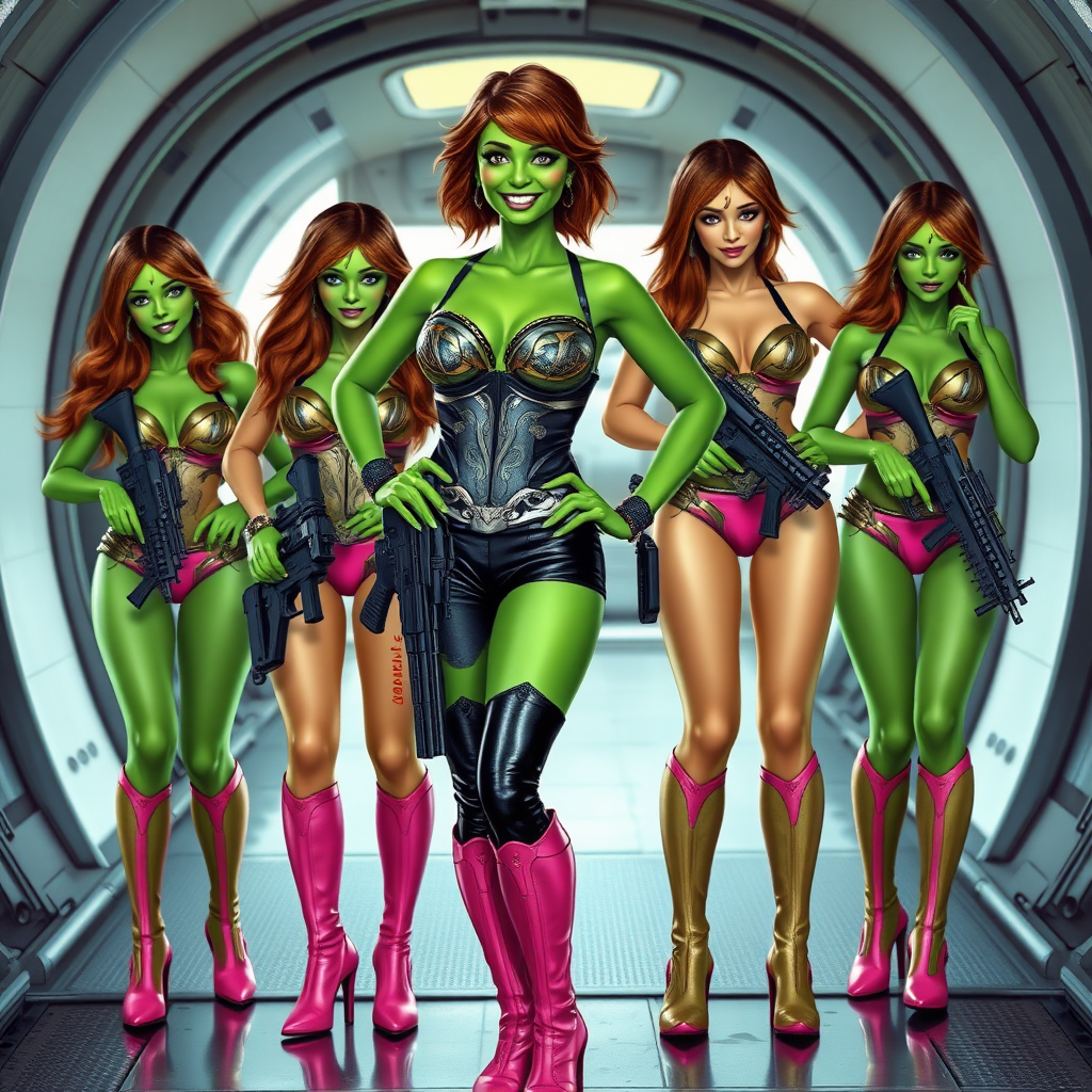 Tall, beautiful green skinned woman. Her brown hair is in a shag-cut style. Her eyes are gold. She is dressed in an ornate metal bra. She is wearing black leather pants, with pink knee high boots. She has her hands on her hips. She is smiling. A sci-fi looking gun is holstered at her hip. Four other green-skinned woman, dressed in metal bikinis, each carrying a weapon, stand next to her. They are at a sci-fi looking space-port.