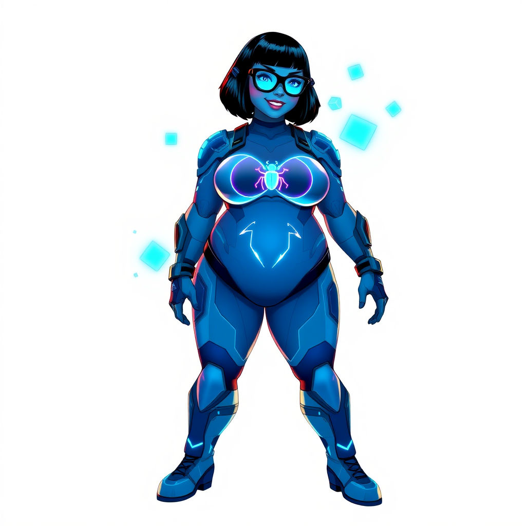 A heavily, extremely, and intensely pampered nerdy full-figured middle blue skinned digital sidekick, a 28-year-old computer major, has been transformed by her doting vigilante boyfriend. Her middle blue skin and bob cut seamlessly integrate with her data, and her neon blue eyes glow with intelligence. Her physique, now showcasing a gargantuan round midsection, massive limbs, and broad shoulders, contrasted by a slim face, clearly reflects her indulgence and pampering. Her full figure is prominently highlighted, with her prominent, gargantuan, round midsection and massive limbs emphasizing her pampered sidekick status. As the loyal and supportive sidekick, she plays a crucial role in their missions, using her digital prowess to assist and protect.

She wears a digital maximum blue bodysuit, featuring a neon blue glowing beetle chest icon, digital maximum blue boots, and matching high-tech gloves. She bashfully giggles with a neon red blush, emitting neon blue data cubes from her body. Her full figure, now gargantuan and heavily emphasized by her nerdy appearance, clearly shows how pampered she is. Her nerdiness is accentuated by her black oversized eyeglasses.

Her outfit, influenced by DC’s Jennifer Knight Phantom Lady, remains distinct. Adding to her pampering, she serves as his minicomputer, traveling in his high-tech wristwatch and supercar’s computer system. Using her ability to hack into computers and machines, she relays crucial knowledge relating to his missions.

Her prominent, gargantuan, rounded midsection and massive limbs are on full displayed, emphasizing her indulgence and pampering while maintaining her nerdy physique. She is on a solid white background. She is drawn as if she was in a retro 2D cyberpunk fighting game. Ensure her midsection is round.