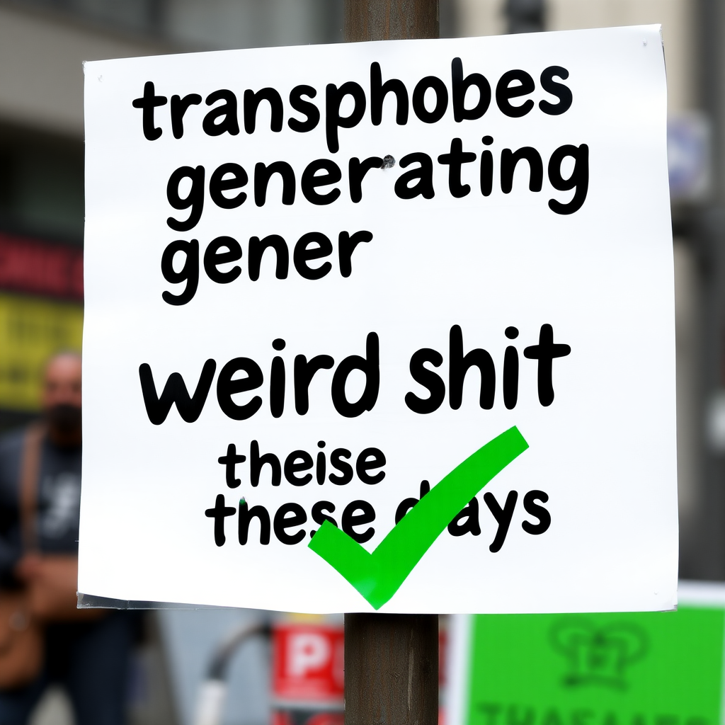 a sign saying "transphobes generating weird shit these days" and a logo of a pride flag icon under a green checkmark