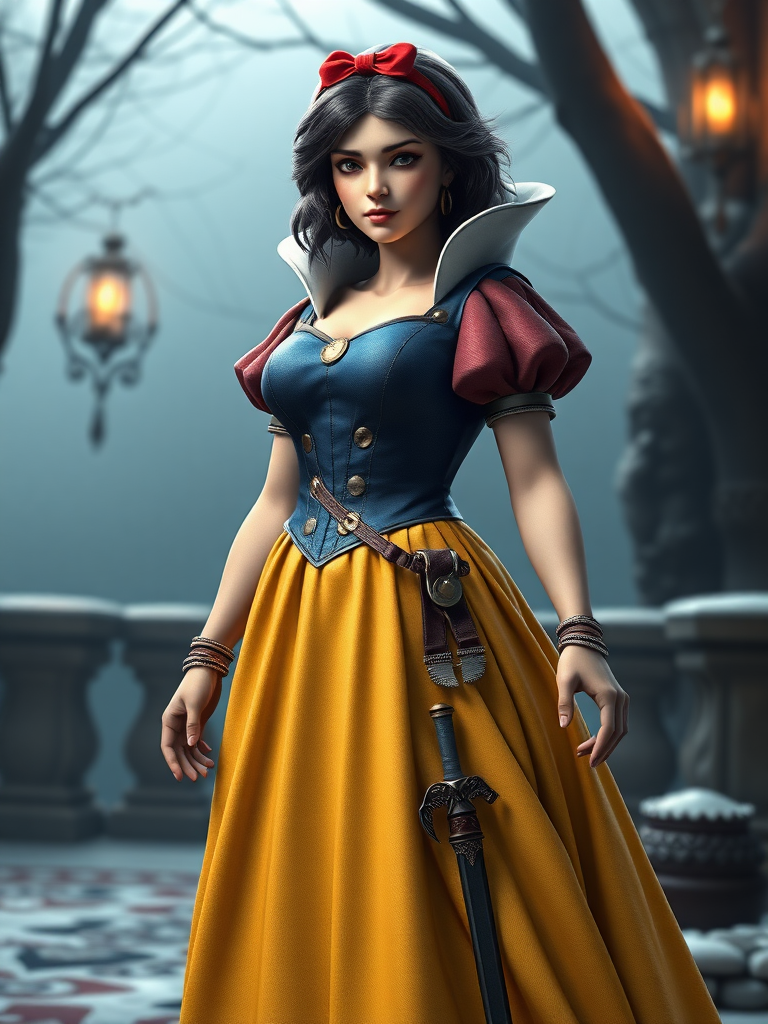 Generate a hyper-realistic full-length render of Snow White with Richter Belmont's body type. Maintain Snow White's original head and costume but adjust her body structure and silhouette to match the chosen body type. Ensure the gender is reflected in the new body structure. Design a background setting that complements both Snow White and Richter Belmont's characters, integrating elements that resonate with their respective stories and aesthetics.