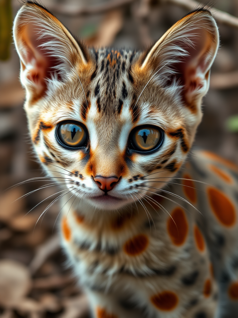 A highly realistic 4K close-up shot of a Rusty-Spotted Cat. The small cat has large, striking amber eyes, a short muzzle, and delicate whiskers. Its fur is a soft mix of greyish-brown with distinct rusty-red spots along its body. The details of its fur texture, sharp gaze, and tiny nose are captured with extreme clarity. The background is blurred slightly to emphasize the cat, showing subtle hints of a natural habitat with leaves and branches. The lighting is soft and natural, highlighting the cat’s unique patterns and features.