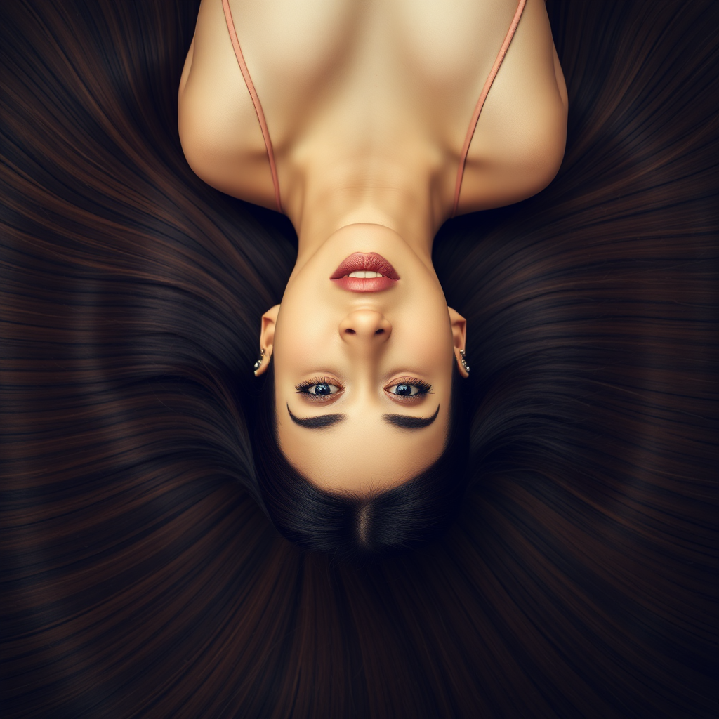 A beautiful woman laying on her back staring up at the camera. Her very long hair meticulously fanned out in a geometrically precise semicircle to display its length and beauty.