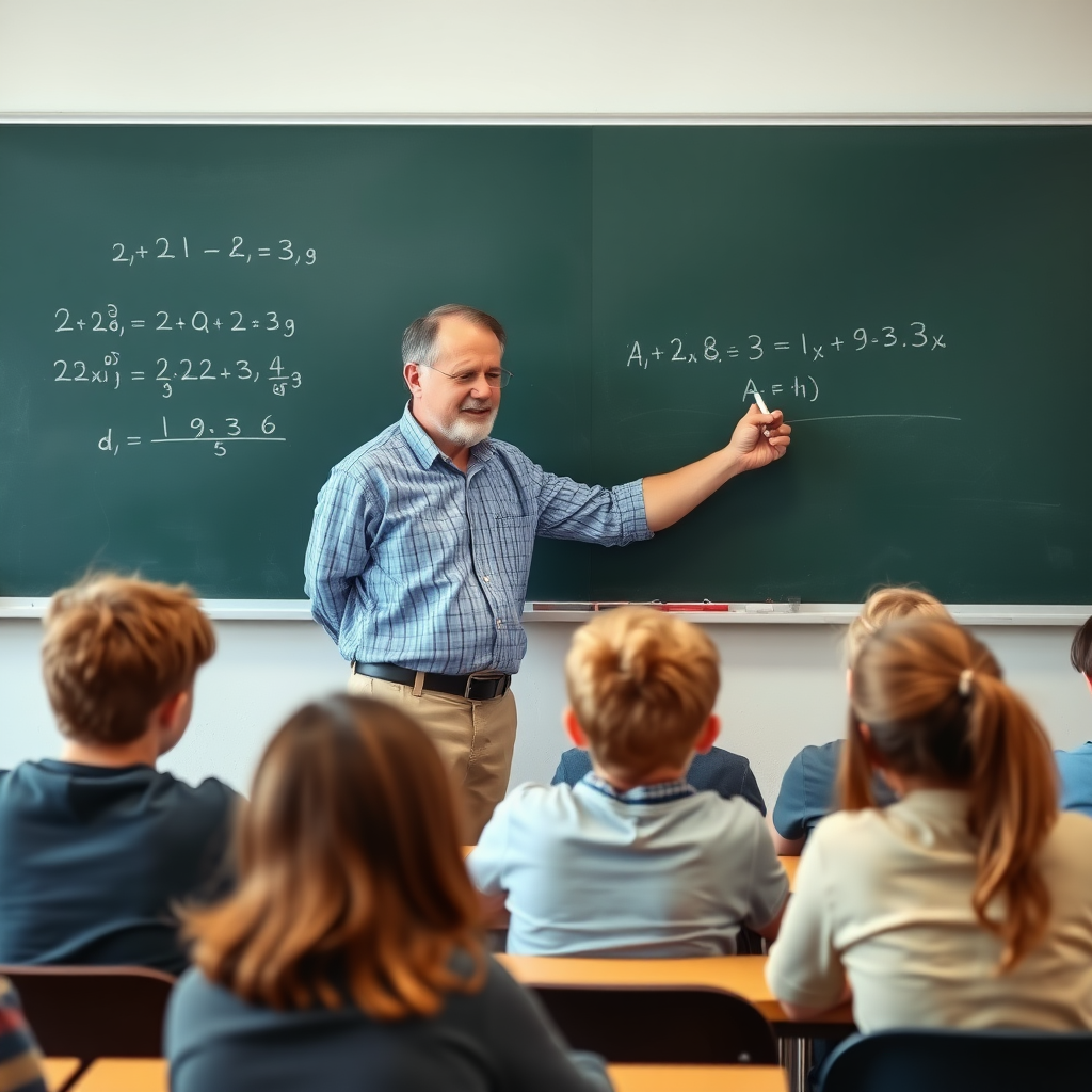 A middle aged male teacher in front of a class teaching algebra. He is writing an equation on the chalk board. In the class are a bunch of high school kids who seem very interested.