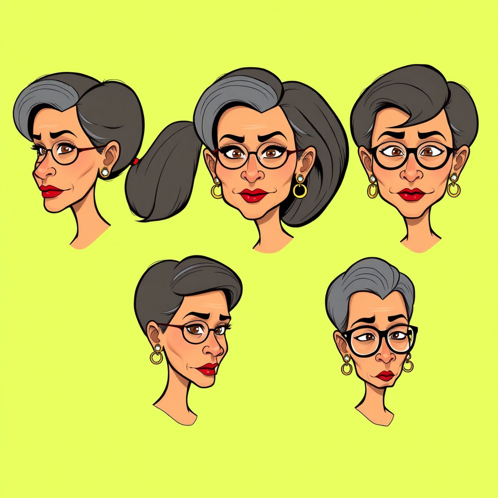 image of six headshots of a 50 Years old, gorgeous, fit, European, Latina, sharp aquiline nose, wrinkles, high cheekbones, Middle Eastern, Skinny, Tanned skin, Dark light skin, full Makeup, jewelry, Sharp nose, frowning, exaggerated cartoon emotions, lascivious, eating a banana, dark grey Ash hair, short bowl haircut, Brown eye color, half closed eyes, round Glasses, with detailed features. Each photo displays the same face in back, profile and front view, cut out and isolated on a green background. All six heads are visible side by side, empty space around each view, no overlapping. 2D, caricature, cartoon, Sketch lines, coloring book style, well composed, clean coloring book page, No dither, no gradient, strong outline, vector illustration