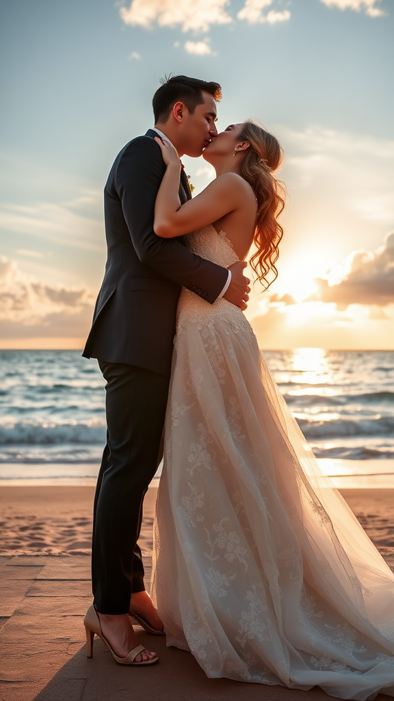 In the background, the bride and groom are elegantly dressed, she in high-heeled shoes and he in patent leather shoes, he passionately kisses the bride, with the sea and a beautiful beach in the background, the sky at sunset with sun rays and clouds.